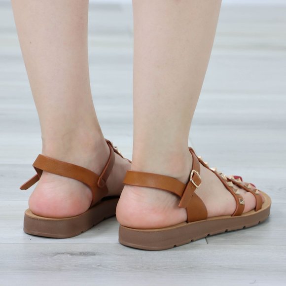 Tan Metal Stud Trendy Comfy Flat Gladiator Sandal Slip On Sliders - Picture 6 of 13